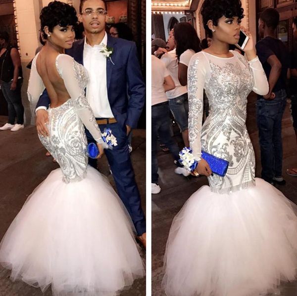 

african long sleeve mermaid prom dresses backless appliques silver sequin lace shiny special occasion gowns chic ivory engagement dress, Black
