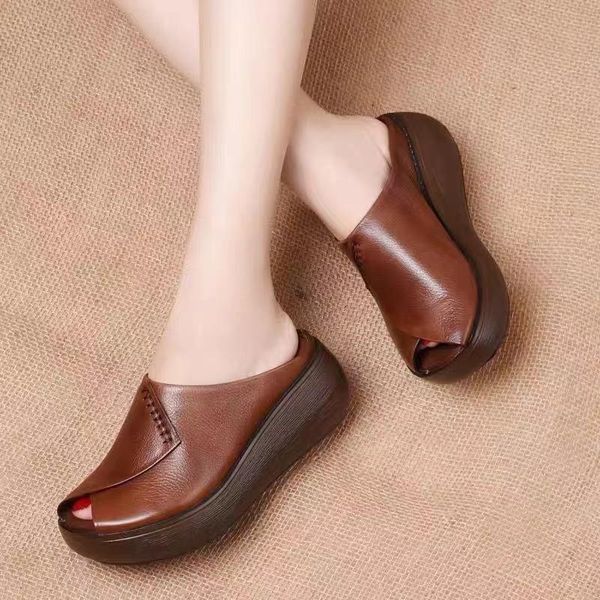

slippers fashion handmade black brown genuine leather women sandals 2021 summer comfortable wedges platform peep toe casual