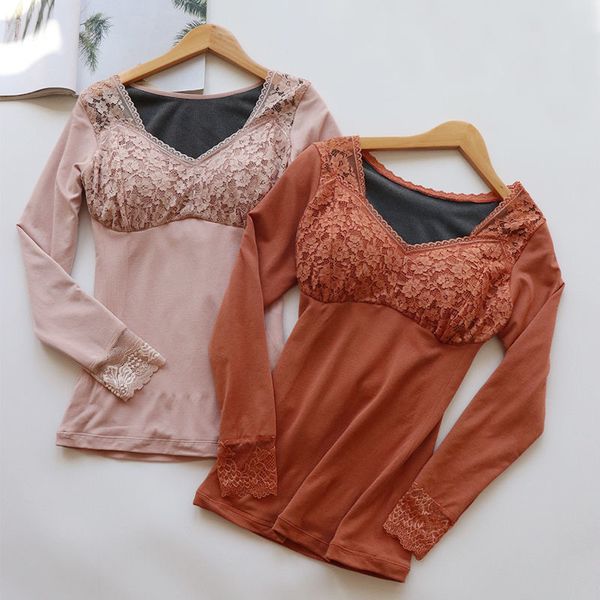 

new women 2021 autumn winter warm female plus veet blouse lace v-neck long sleeve slim thermal underwear clothing a400t93b, Black;pink