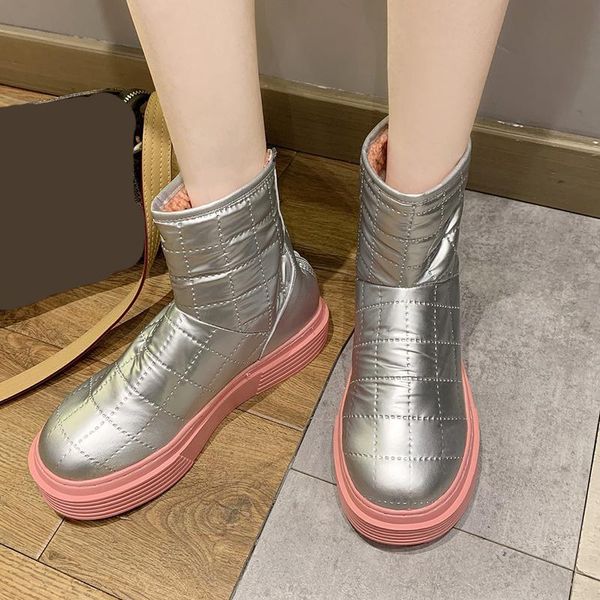 

boots 2021 fashion mix color patent leather snow women non slip chunky platform shoes woman winter warm thicken cotton, Black
