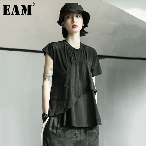 

[eam] women white irregular split joint linen short t-shirt new round neck short sleeve fashion tide spring summer 2021 1x002 210306