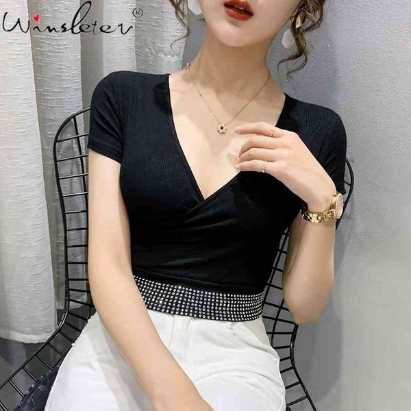 

women's t-shirt summer european clothes cotton short chic v-neck shiny diamonds women sleeve all match tees t14517a 9x2f, White