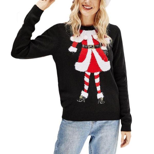

women christmas long sleeve o-neck sweater funny santa claus sequins pompom pullover holiday loose knitwear jumper, White;black