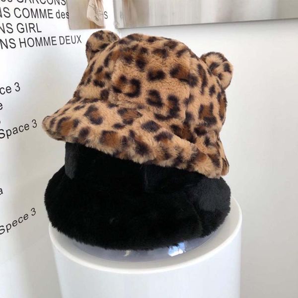

2021 leopard print fisherman hat women autumn winter hat fashion cute bear ears plush warmth thick basin faux fur bucket hats, Blue;gray