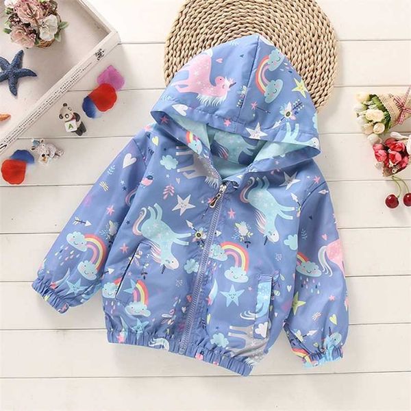 Primavera Abbigliamento per bambini Giacca a vento Trench per bambini Con cappuccio Arcobaleno Unicorno Capispalla Manica lunga Ragazze da 2 a 8 anni 211011