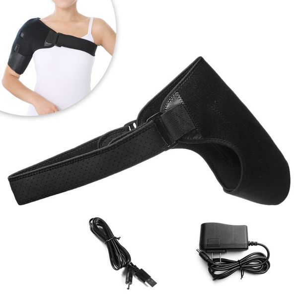 

portable heated shoulder wrap brace pain relief shoulder compression sleeve heating infrared pad strap relax muscle, Black;blue