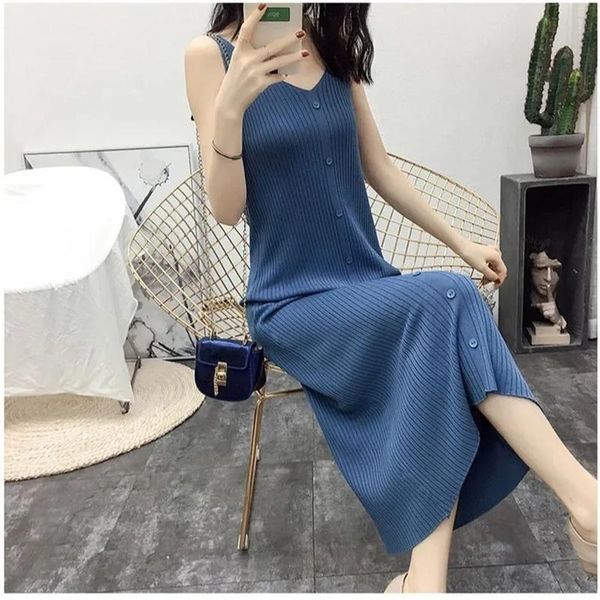 

casual dresses knitted dress icy silk v-neck sleeveless strap female summer korean loose mid-length tunic vest buttons, Black;gray