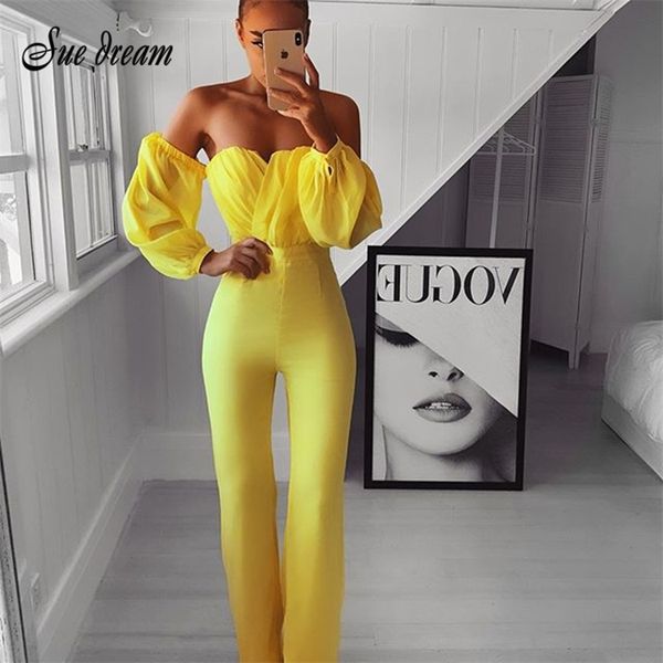 Nova Moda Feminina Do Outono Sexy Yellow Strapless de Manga Longa Chiffon Bandagem Longa Jumpsuit Bodycon Club Party Jumpsuit 210317