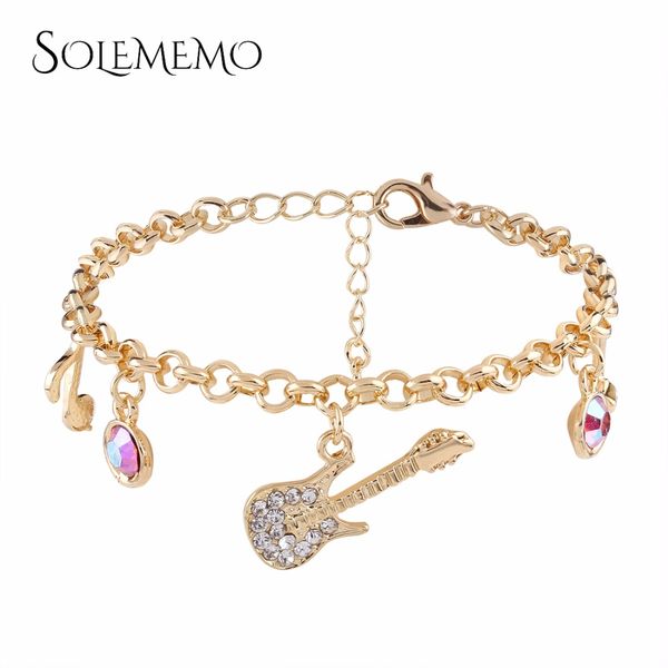 

2021cute guitar bracelet bangles rhinestone gold charm for women girls silver chain fashion jewelry b0746, Golden;silver