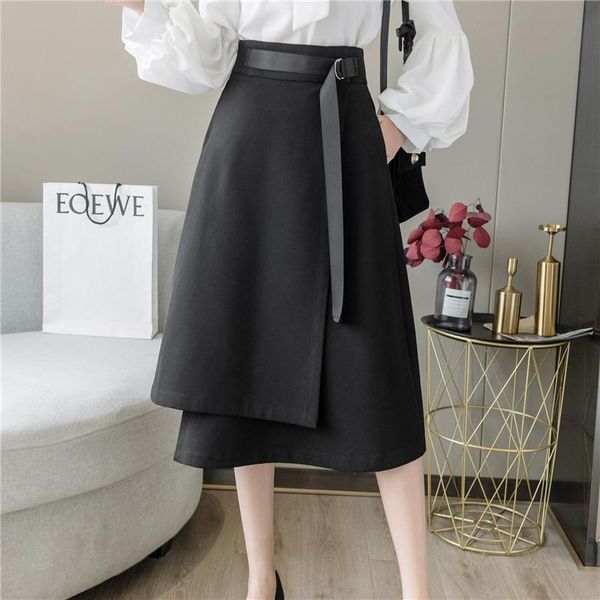 

2021 new fashion lace up irregular high waist midi skirt women spring summer casual long skirt black/apricot elegant lady