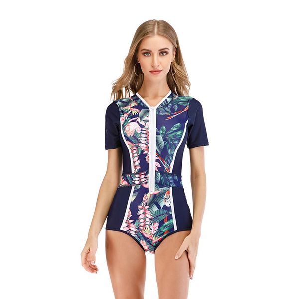 

summer printed swim wear one-piece bathing suit women zipper swimwear one piece swimsuit female short sleeve swimming bodysuits