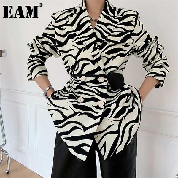 

[eam] women zebra pattern big size blazer lapel long sleeve loose fit jacket fashion spring autumn 1db329 211122, White;black
