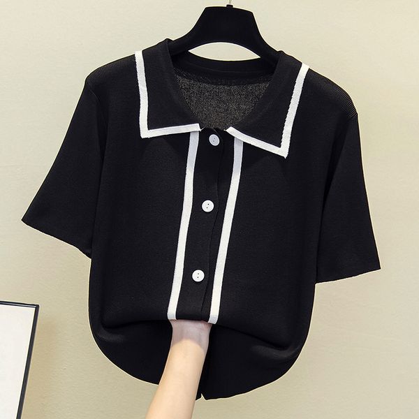 

plus size xl-4xl t-shirts knit polo buttons single-breasted up female short black sleeve white stripes summer t 8dds