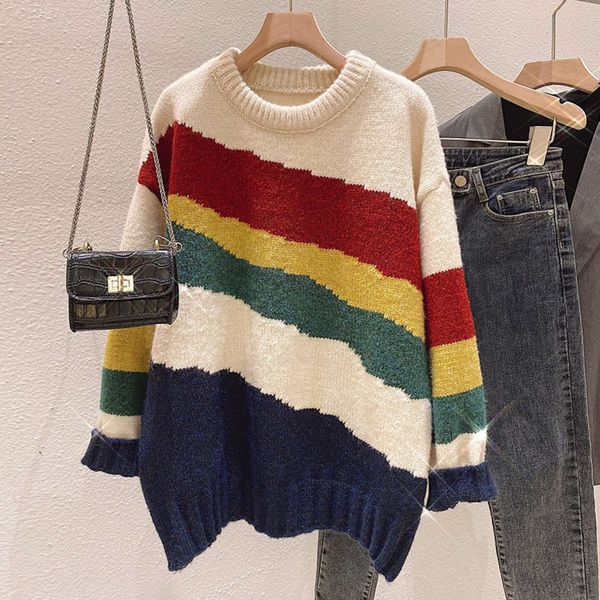 

2021rainbow stripe sweater women's pullover contrast autumn winter loose medium and long wear lovely color knitted thickening, White;black