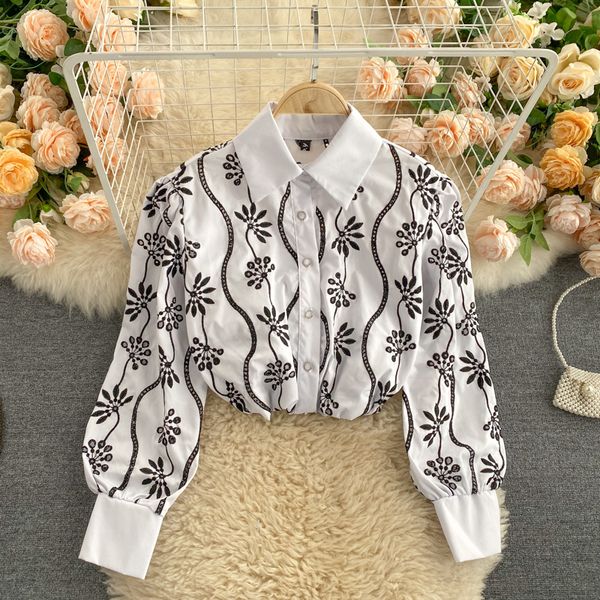 

2021 new autumn feminine fashions breath long sleeve down collar lady from office embroidery hollow out shirt release 49yj, White