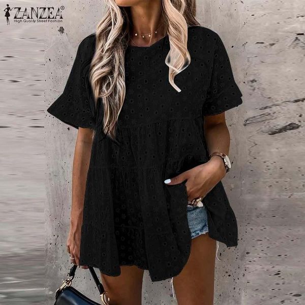 

women's blouses & shirts summer zanzea 2021 bohemian lace patchwork casual short sleeve blusas female hollow peplum tunic oversized, White