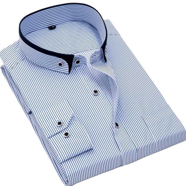

8xl stand collar striped shirts slim fit non-iron business men dress shirts long sleeve social male front pocket easy care 210628, White;black