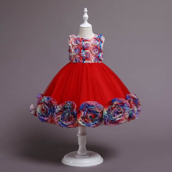 

girls dresses princess kids clothes children wear lace flower childrens wedding tutu pettiskirt birthday party formal dress b7649, Red;yellow