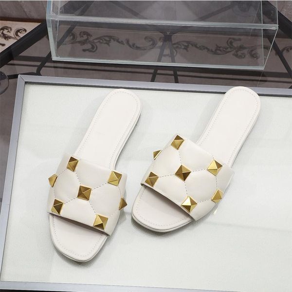 

slippers 2021 spring genuine rivet leather sandals women geometric metal decoration trendy flat shoes for 35-40, Black