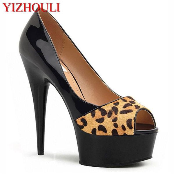 

dress shoes 6 inch leopard print high heels with platform crystal 15cm lady exotic dancer peep toe, Black