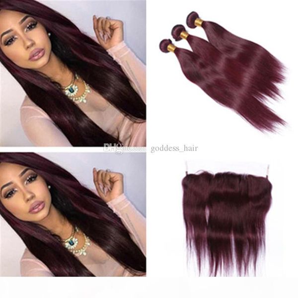 

99j brazilian human hair bundles with 13*4 lace frontal 4pcs lot burgundy straight with frontals wine red hair with frontal closure, Black