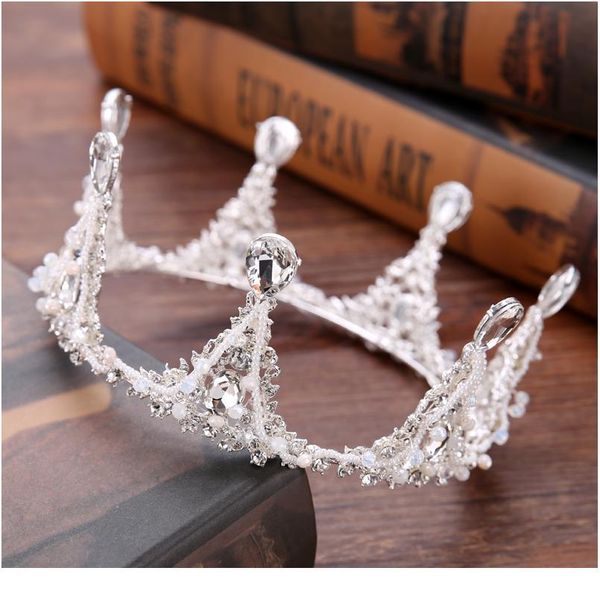 

silver color bride round crown baroque rhinestone crystal crown wedding headdress princess party crown bridal hair acc qylhut