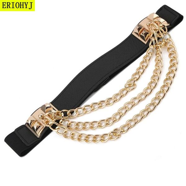 

elastic dress belt for women rivet metal gold chain waistband ladies leather female waist punk belt for dresses 115, Black;brown