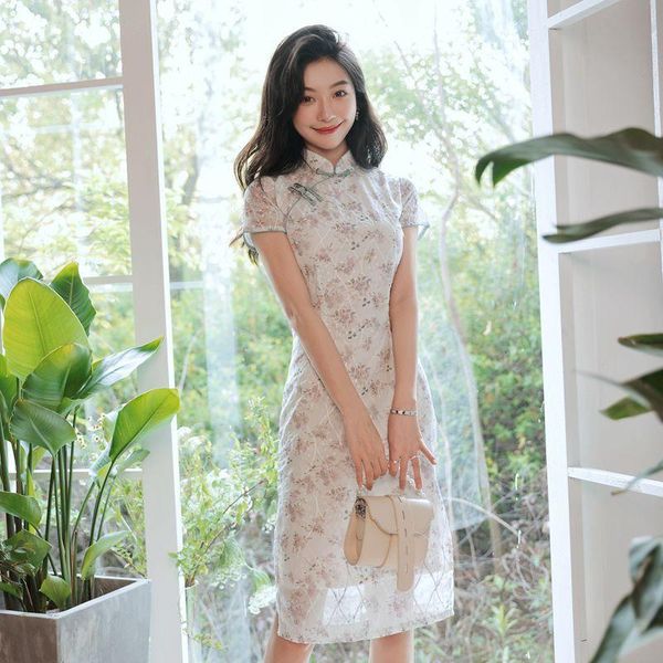 

ethnic clothing short chiffon lady cheongsam purple print flower chinese traditional dress plus size 3xl qipao summer slim vestidos gow, Red