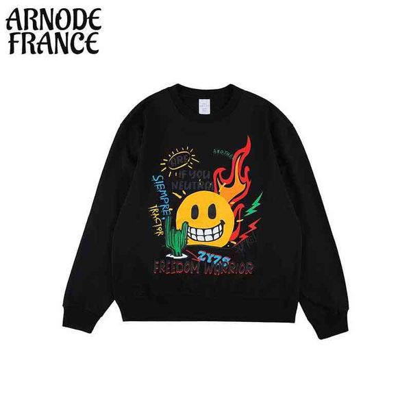 

men's fashion harajuku flame smiley illustration graffiti round neck sweater, Black