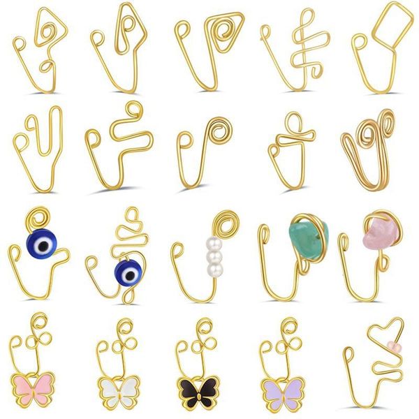 

multicolor crystal natural gravel manual nose ring clip set 18k real gold non perforated butterfly love fake