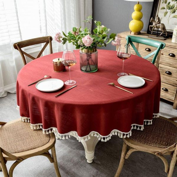 

table cloth nordic style tassels round tablecloth plain solid color dust-proof water resistant faux cotton linen kitchen cover