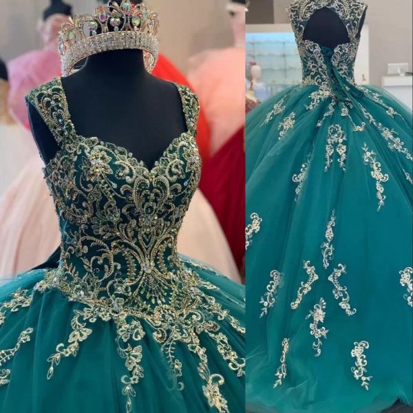 

gorgeoues hunter green quinceanera dresses lace applique straps crystals beaded sweep train tulle custom made sweet 16 pageant birthday part, Blue;red