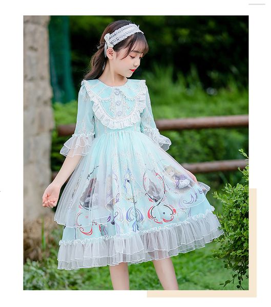 

cute lolita for girls 2021 spring children's clothes cartoon charaters elbow sleeve tea party lace princess es r9r7, Red;yellow
