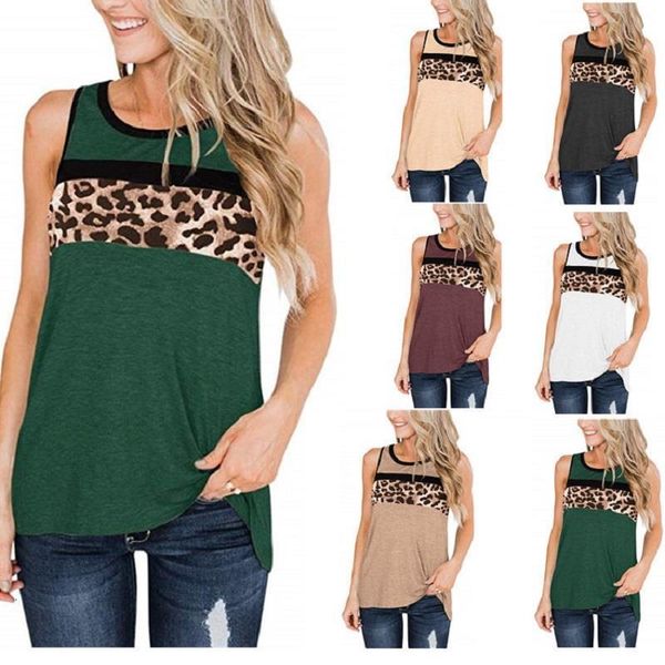 

summer 2021 new women fashion o neck sleeveless stitching leopard vest t shirt ladies casual loose cotton off shoulder tees, White
