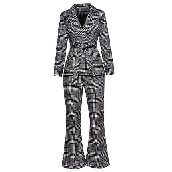 

women's suits & blazers women plaid wool long sleeve and pant wih belt k1277, White;black