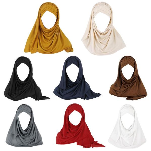 

women milk filer solid color 2 in 1 turban hat instant scarf malaysia muslim cross pleated hijab cap head wrap cover, Red