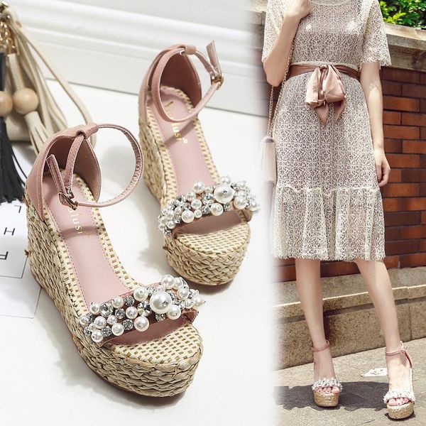 

comfort shoes for women wedge luxury sandals summer heels espadrilles platform suit female beige fashion girls high pearl, Black