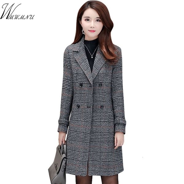 

fashion warm woolen blends female elegant double breasted woolen coat women plaid long outerwear winter new clothing 201102, Black