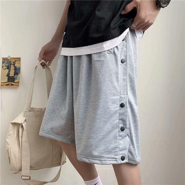 

summer new high street fog style breasted sports shorts casual loose solid color basketball capris men's fashion, Black