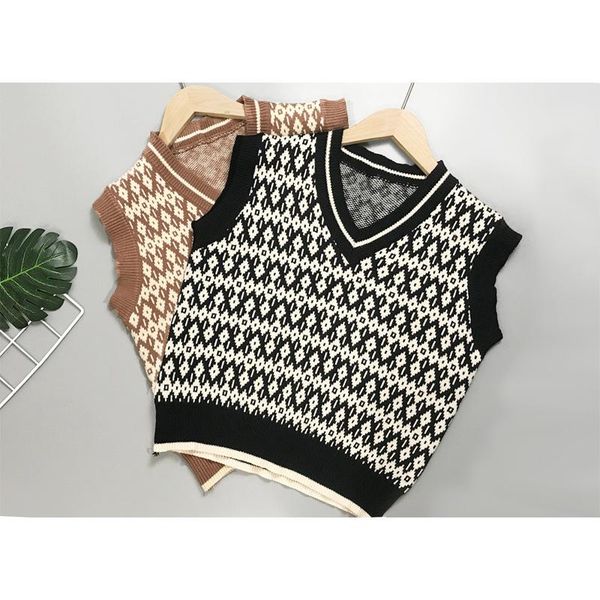 

women's vests plaid knitted sweater vest women 2021 pullover vintage sleeveless v-neck korean female waistcoat tunic, Black;white