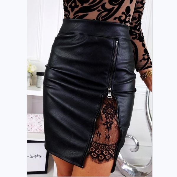 

autumn winter ol elegant pencil mini skirts high waist black zipper pu leather lace split sheath wrap skirts female 2021