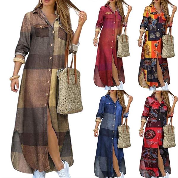 

grid shirt long sleeve pockets women dresses buttons party beach maxi ropa mujer talla grande for, Black;gray
