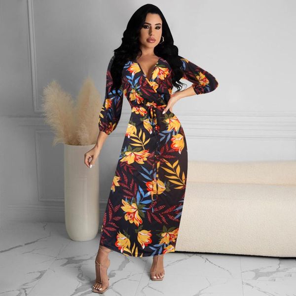 

casual dresses 2021 design midi dress spring v-neck floral drawstring office lady, Black;gray