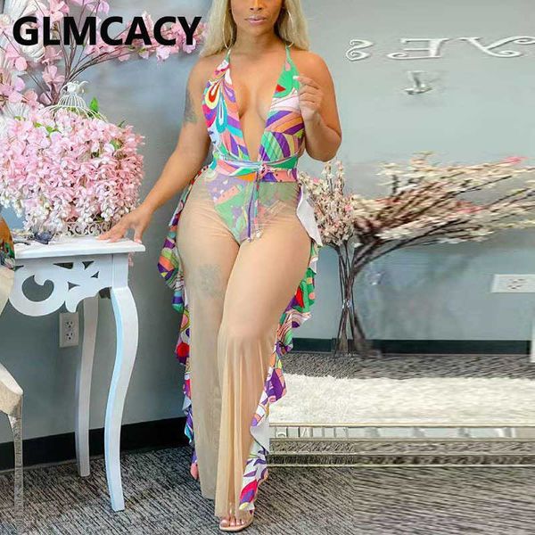 

two piece beachwear v nenck rompers & mesh pants set 210702, White