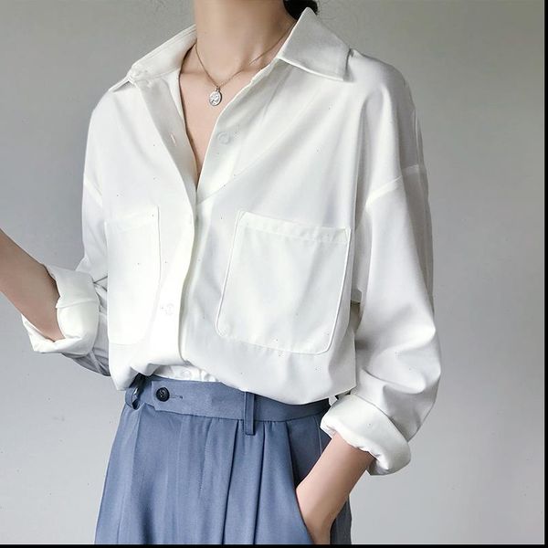 

ol style white shirts for women turn down collar pockets women blouse elegant workwear female blusas femme 2021 autumn