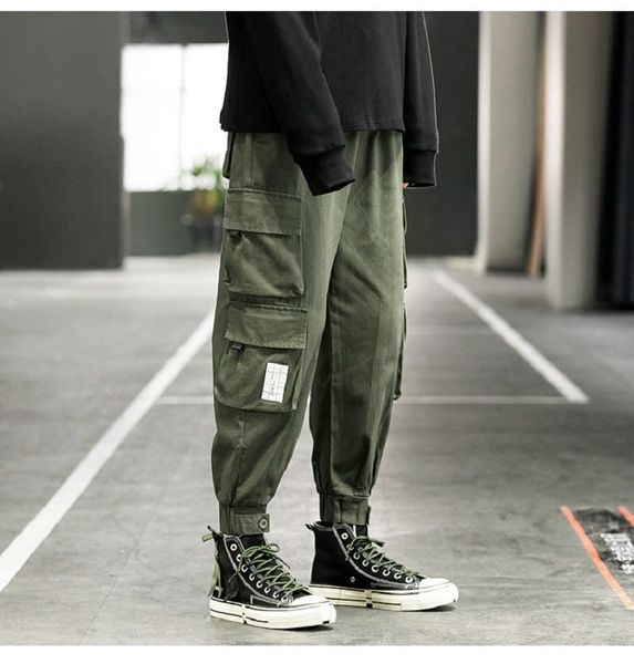 

spring and autumn new cotton overalls men's tide brand tie-leg casual pants trendy loose cropped trousers with rope mid-waist, Black