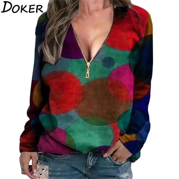 

printed blouse womens clothes fashion zip v neck long sleeve plus size vintage shirts office and blouses femme ropa mujer 210604, White
