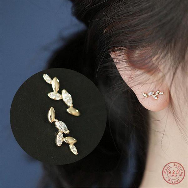 

stud 925 sterling silver korean earrings irregular olive leaf women light luxury wedding 14k gold plating jewelry gift, Golden;silver