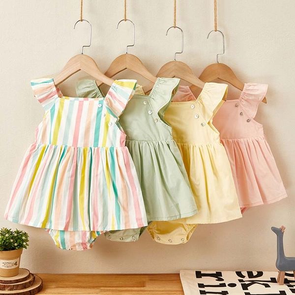Neue Neugeborene Baumwolle Fliegende Ärmel Kleid Overall Koreanische Japan Stil Sommer Prinzessin Kleidung Einteilige Baby Mädchen Bodys 210317