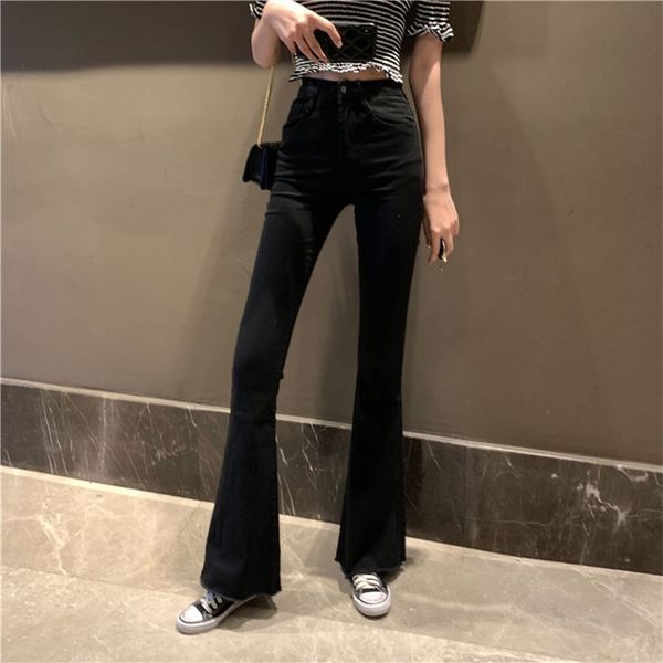 Mom Schwarz Hohe Taille Flare Jeans Freund Bell Bottom Denim Skinny Frau Weibliche Breite Bein Vintage Plus Größe XL 210629